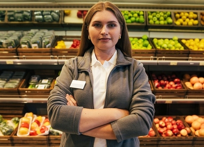 Portrait of a young woman grocery store worker standing with hands crossed against shelves with fruits and vegetables
