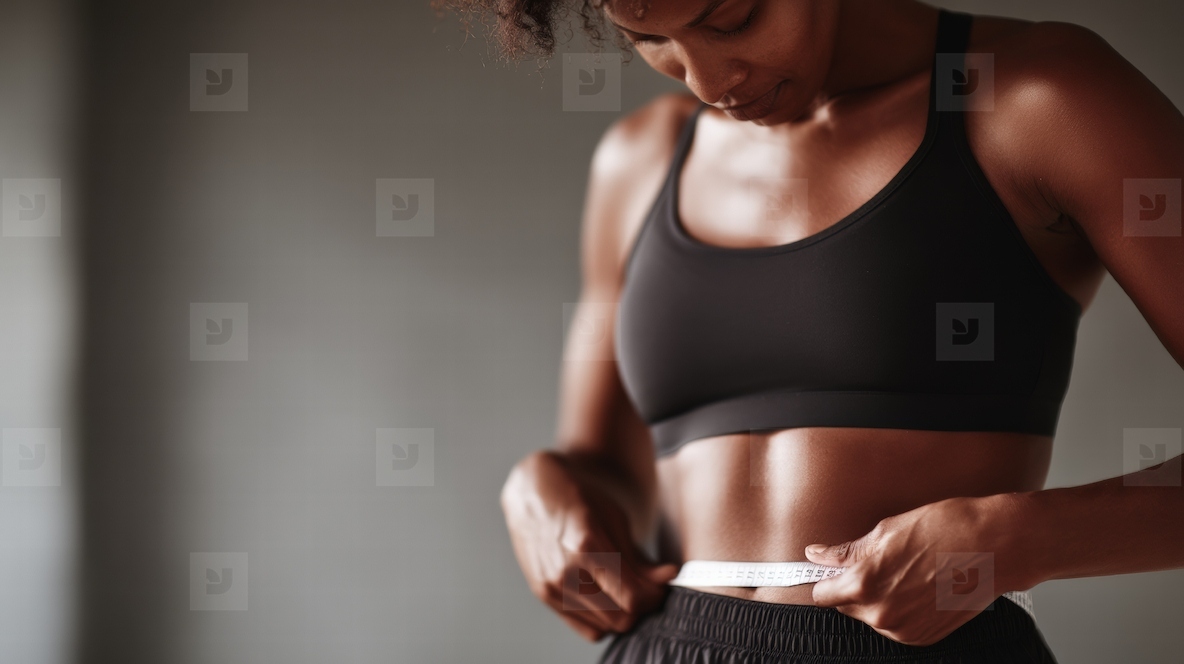 Woman measuring her waistline with tape measure showing focus and determination