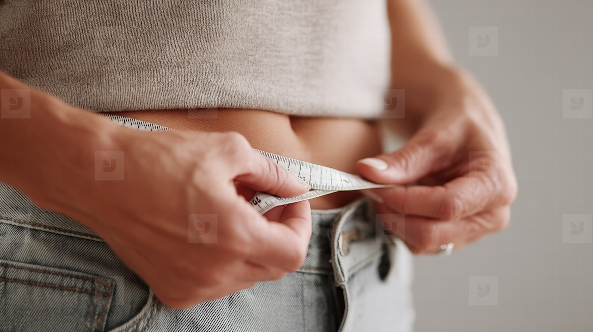 Person measuring their waistline with tape measure  showing close up of hands and belly