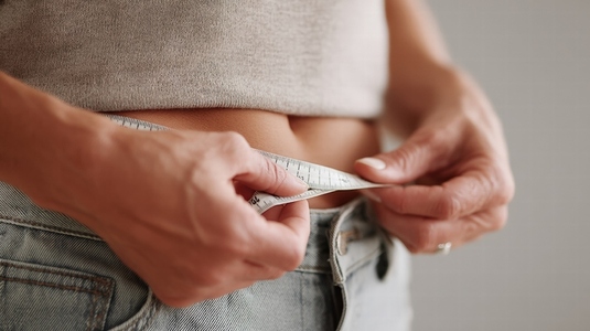 Person measuring their waistline with tape measure  showing close up of hands and belly