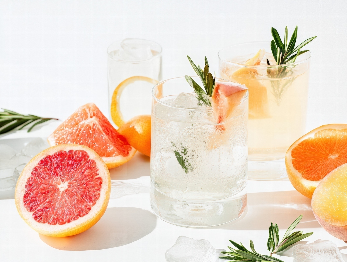 Citrus cocktails with grapefruit slices and rosemary garnish on white surface with ice