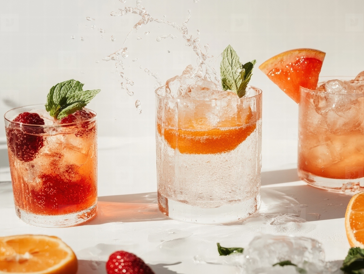 Refreshing cocktails with citrus and berry fruits splash in glasses on white table