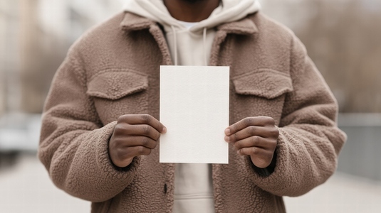 Blank flyer mockup held by person wearing brown jacket and white hoodie outdoors