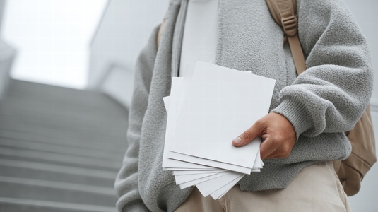 Blank flyer mockup held by person wearing gray jacket and beige backpack outdoors