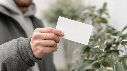 Blank business card held by person in casual clothing with green plant background