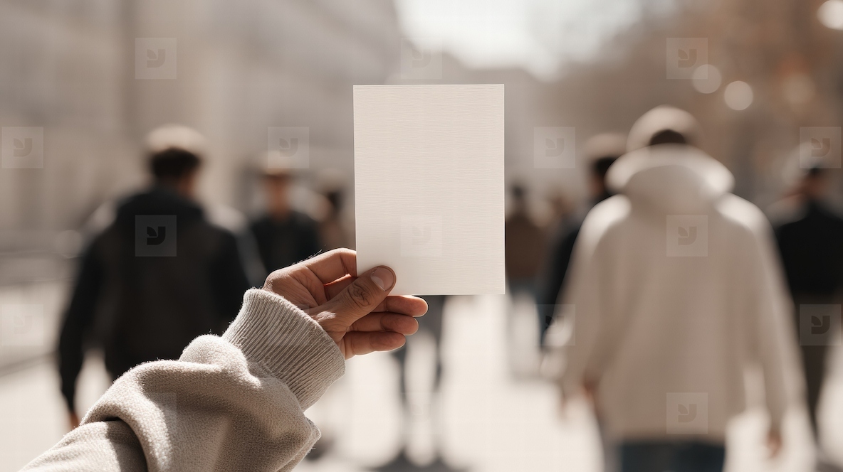 Blank flyer held by person in warm sweater on busy street with blurred people