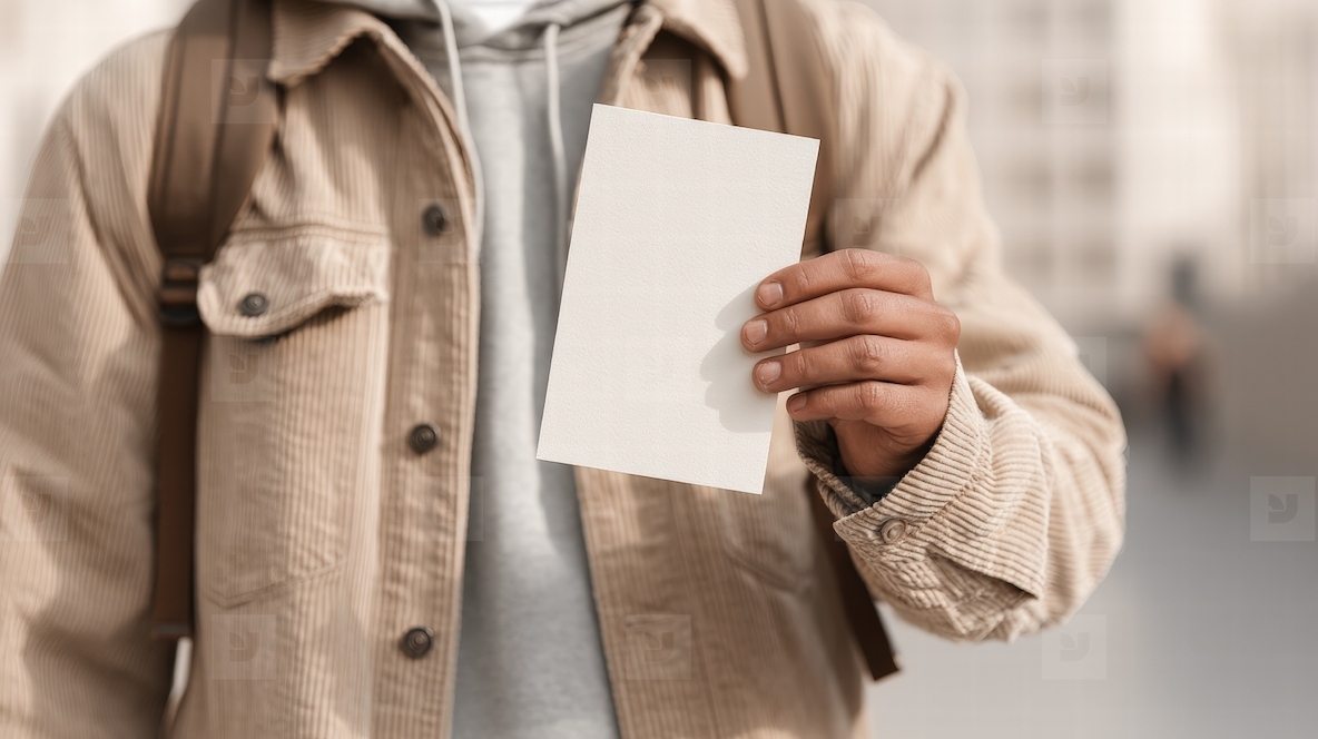 Blank flyer mockup held by person wearing beige jacket and gray hoodie outdoors