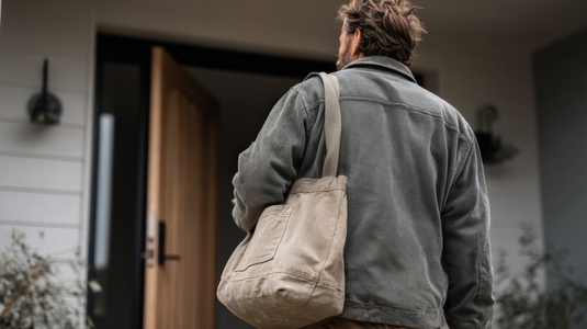 Man with bag standing at open door of house  casual jacket  outdoor scene  calm mood