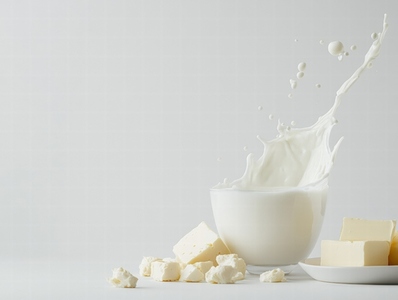 Splash of fresh milk in glass cup surrounded by soft cheese and butter pieces on white Splash of fresh milk in glass cup surrounded by soft cheese and butter pieces on white