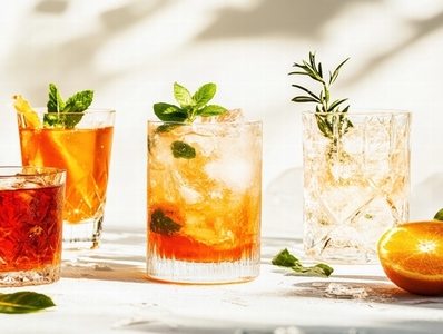 Refreshing cocktails with ice and fresh herbs on bright table with citrus fruit