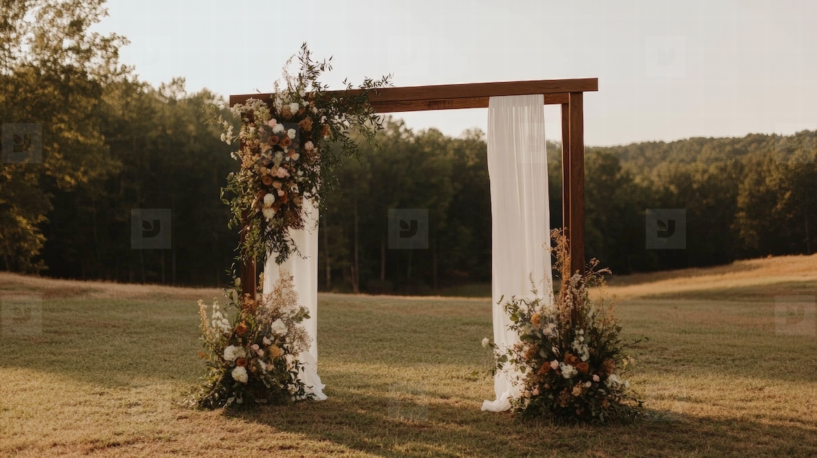 Rustic wedding arch with floral decoration and white fabric in outdoor field