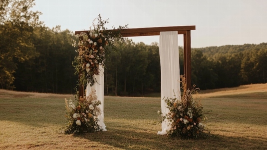 Rustic wedding arch with floral decoration and white fabric in outdoor field