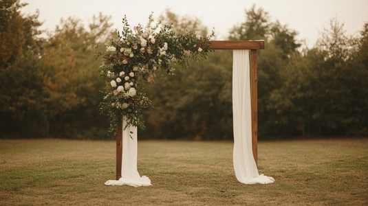 Wedding arch with floral decoration and white fabric in outdoor garden setting