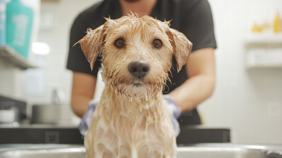 Wet dog being bathed by pet groomer in salon showing care and attention