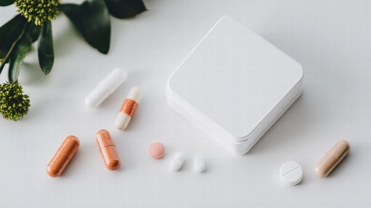 White pillbox organizer with daily medication and capsules on white surface with green plant
