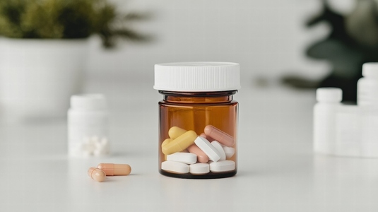 Brown pill bottle with white cap filled with colorful medication on white table