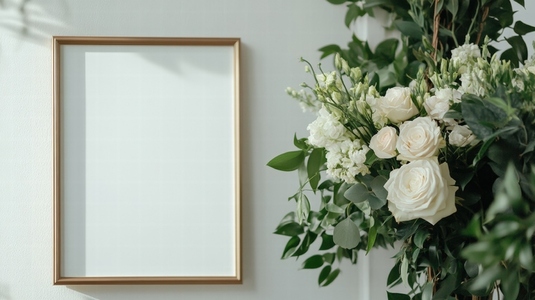 White and green floral arrangement with blank wooden frame on wall elegant and fresh decor White and green floral arrangement with blank wooden frame on wall elegant and fresh decor