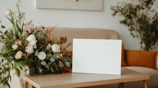 White blank signboard on wooden table with elegant flower bouquet and cozy sofa White blank signboard on wooden table with elegant flower bouquet and cozy sofa