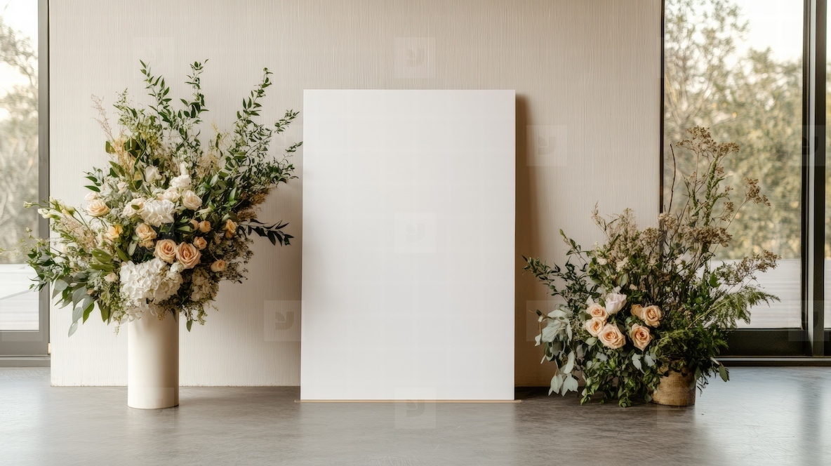 White blank signboard with elegant flower arrangements in bright room with natural light