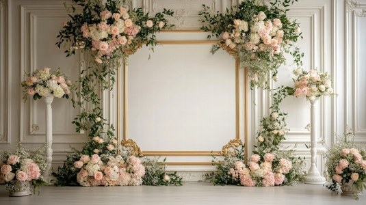 Elegant floral wedding backdrop with pink and white roses and greenery