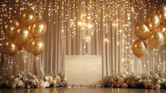 Wedding reception blank signboard with golden balloons and floral decoration in warm light