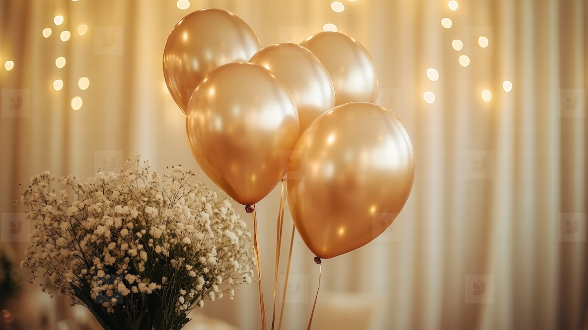 Golden balloons and white flowers create warm and festive atmosphere with soft glowing lights