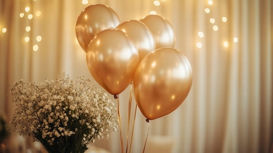 Golden balloons and white flowers create warm and festive atmosphere with soft glowing lights