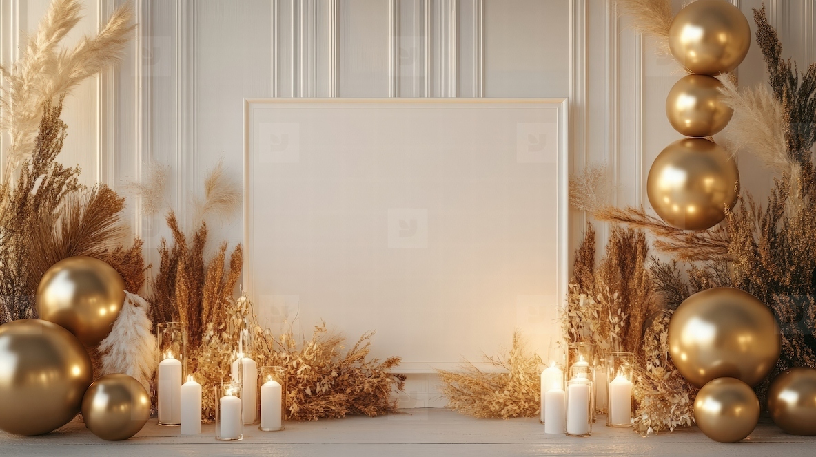 Blank wedding signboard with golden balloons and candles in warm decor