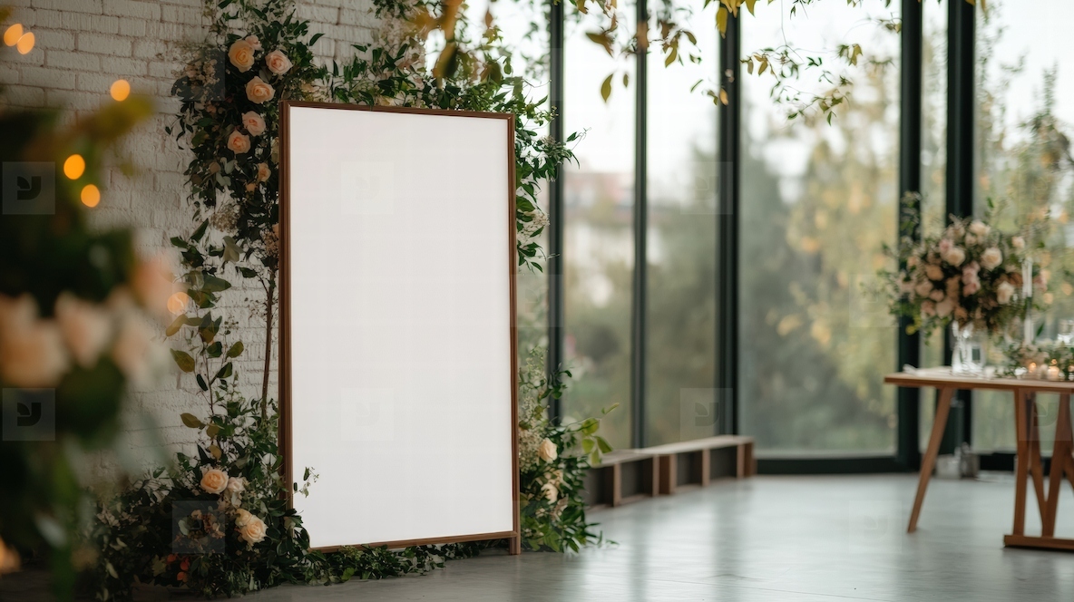 Wedding blank signage with gold details luxury floral decoration in bright room