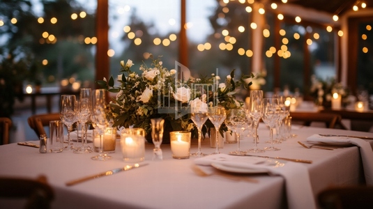 Wedding table setting with candles and floral centerpiece in warm light