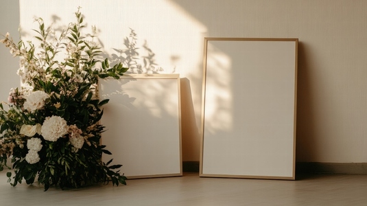 Blank wedding signage with gold frame and floral arrangement in soft natural light