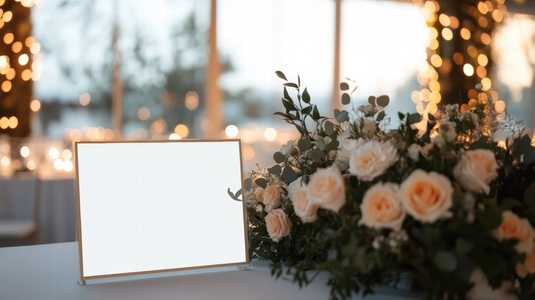 Wedding blank signage with gold details and soft peach rose floral arrangement