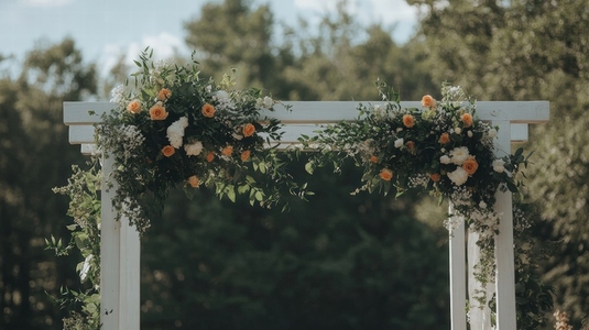 Wedding arch decorated with orange and white flowers and green leaves in outdoor setting