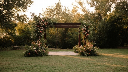 Outdoor wedding arch decorated with flowers in serene garden setting during sunset