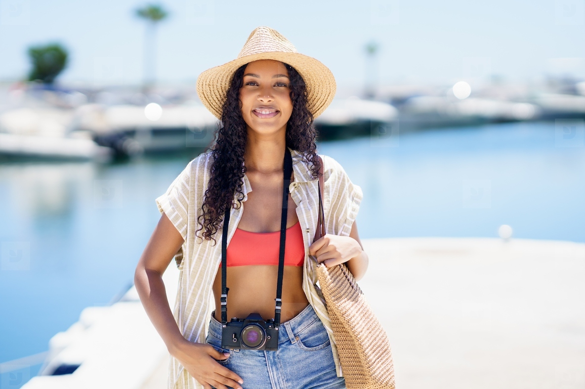 Stylish Young Woman Having a Wonderful Day Enjoying at the Beautiful Marina by the Sea