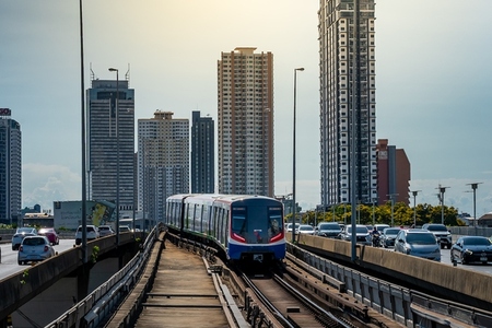 Bangkok  Thailand   April 20  The BTS Sky Train Passing Taksin