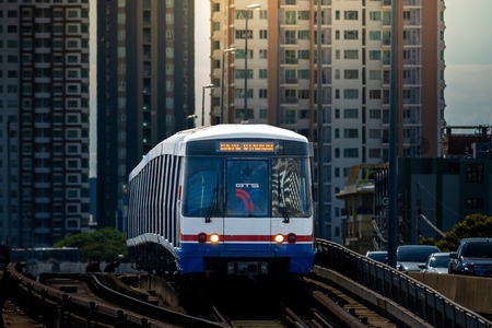 Bangkok  Thailand   April 20  The BTS Sky Train Passing Taksin