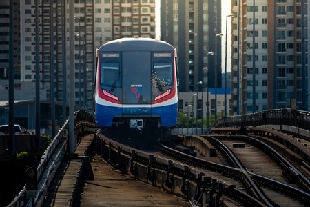 Bangkok  Thailand   April 20  The BTS Sky Train Passing Taksin