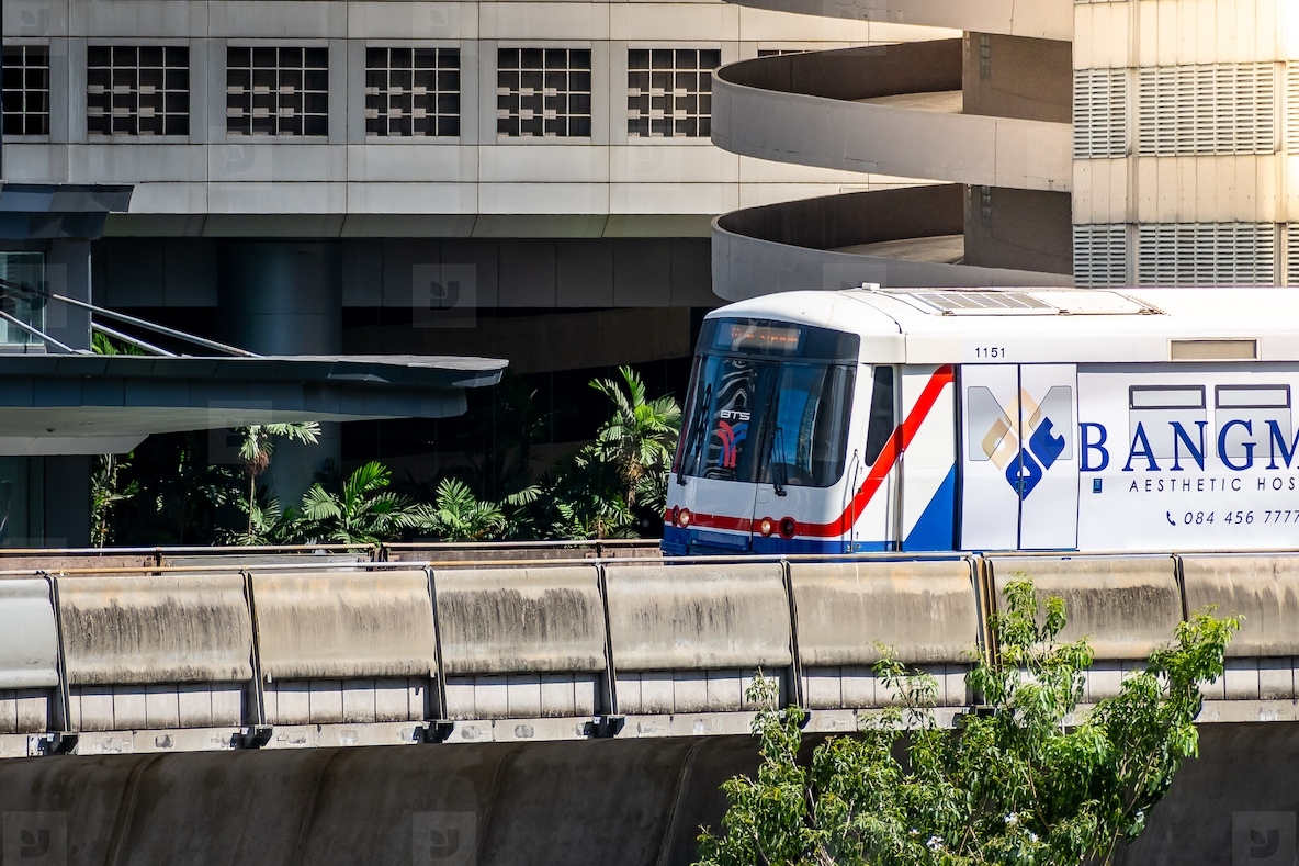 Bangkok Thailand April 20 The BTS Skytrain is entering Chon