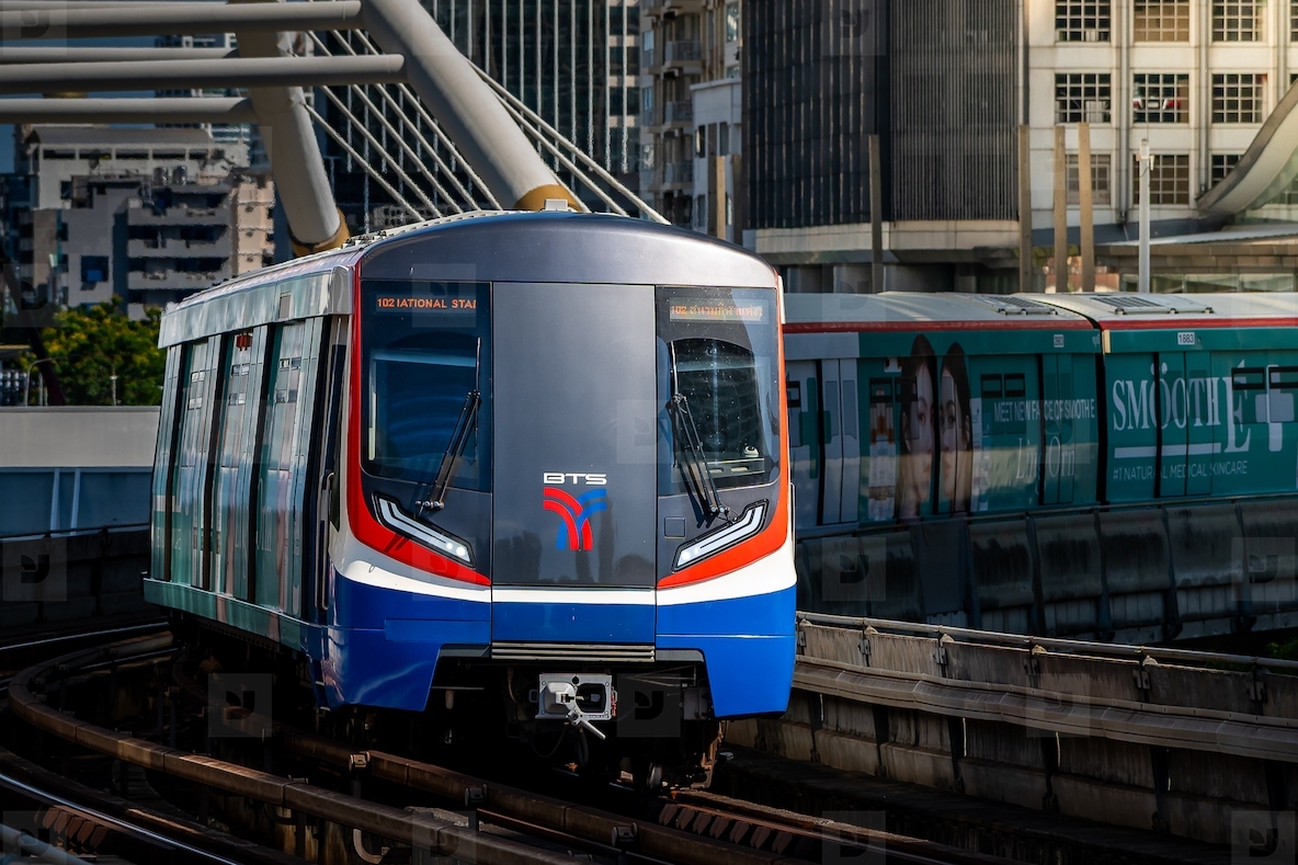 Bangkok Thailand April 20 The BTS Skytrain is entering Chon