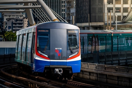 Bangkok  Thailand   April 20  The BTS Skytrain is entering Chon