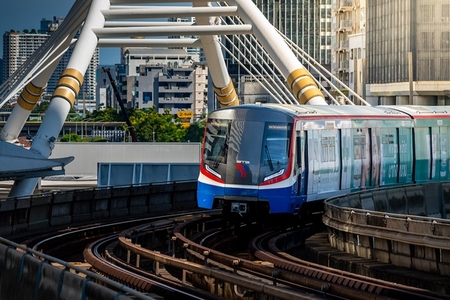 Bangkok  Thailand   April 20  The BTS Skytrain is entering Chon