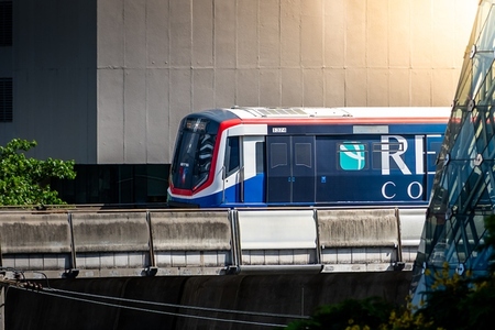 Bangkok  Thailand   April 20  The BTS Skytrain is entering Chon