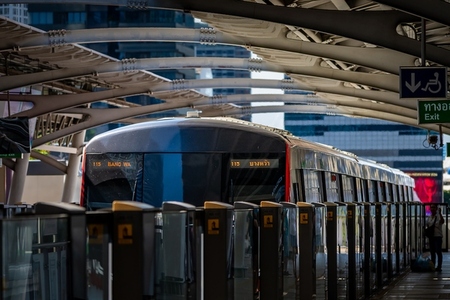 Bangkok  Thailand   April 20  The BTS Skytrain is entering Chon