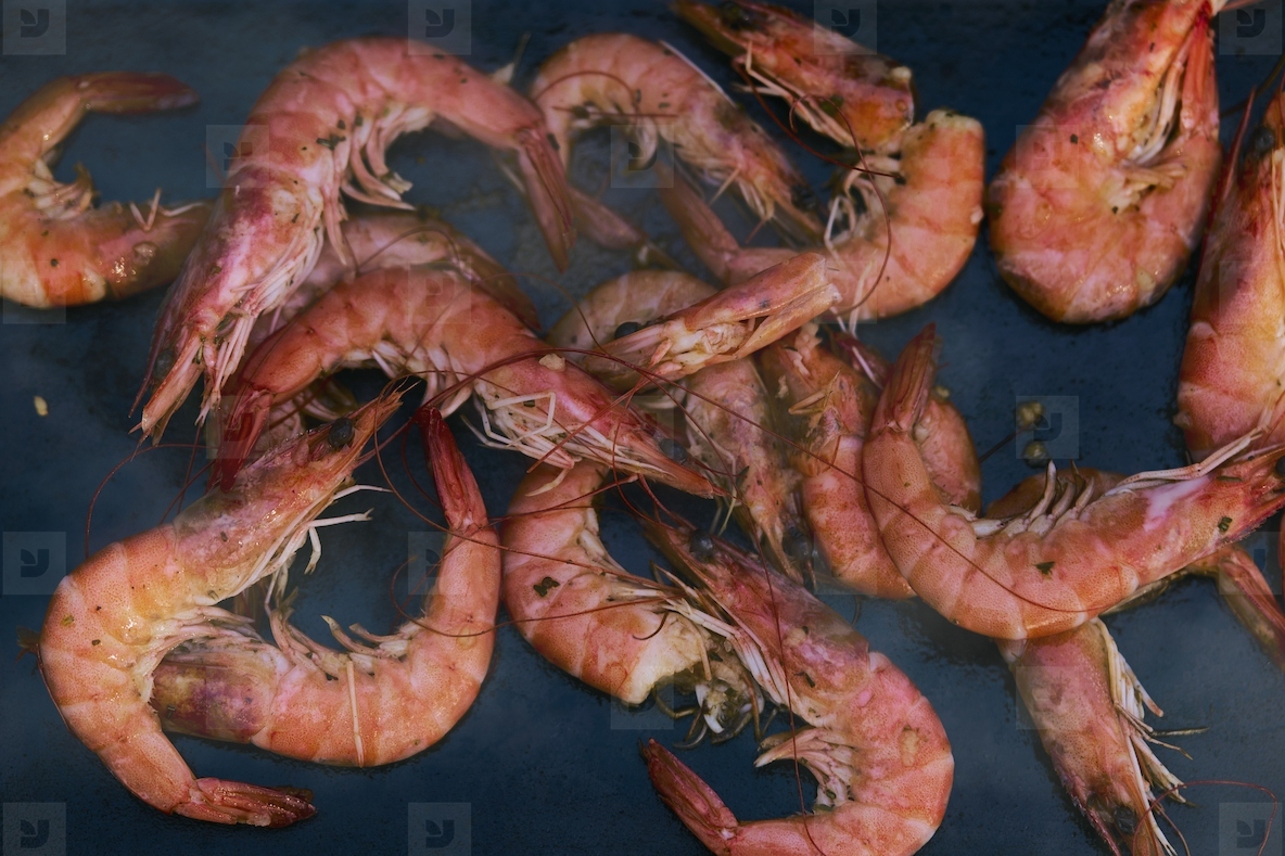 Still life view from above of cooked prawns scattered on black background