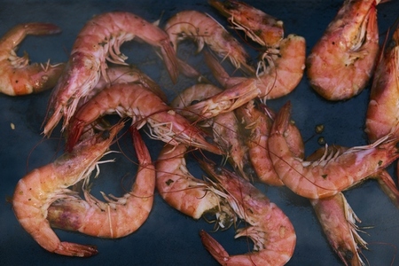 Still life view from above of cooked prawns scattered on black background