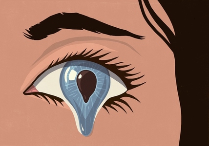 Extreme close up of crying womans eye forming blue teardrop