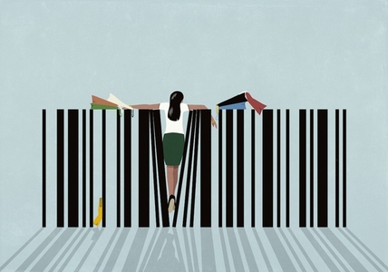 Woman with shopping bags squeezing between lines of bar code against blue background