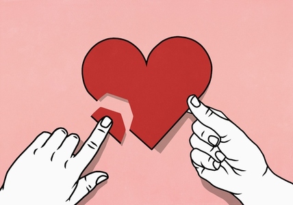 View from above of hands mending broken heart on pink background