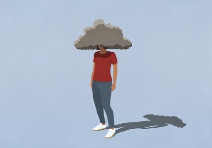 Gray storm cloud covering head of depressed woman against blue background
